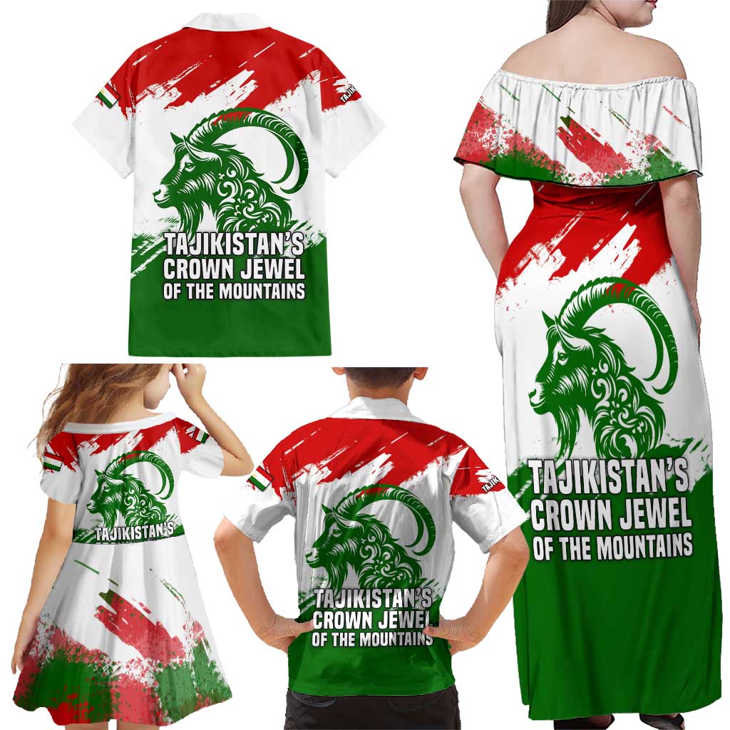 Tajikistan Family Matching Off Shoulder Maxi Dress and Hawaiian Shirt Markhor with Red Green White Brushstroke Flag with Mountain Goat Design
