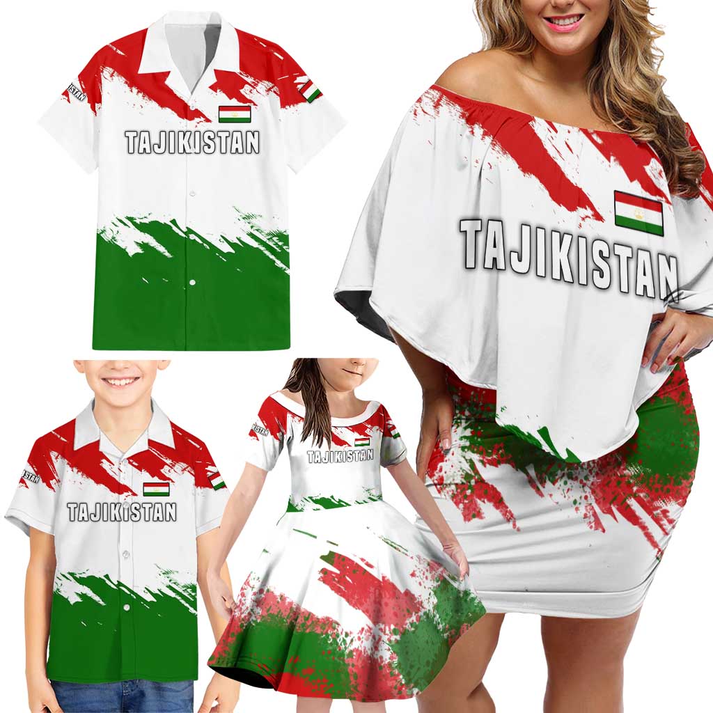Tajikistan Family Matching Off Shoulder Short Dress and Hawaiian Shirt Markhor with Red Green White Brushstroke Flag with Mountain Goat Design