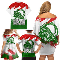 Tajikistan Family Matching Off Shoulder Short Dress and Hawaiian Shirt Markhor with Red Green White Brushstroke Flag with Mountain Goat Design