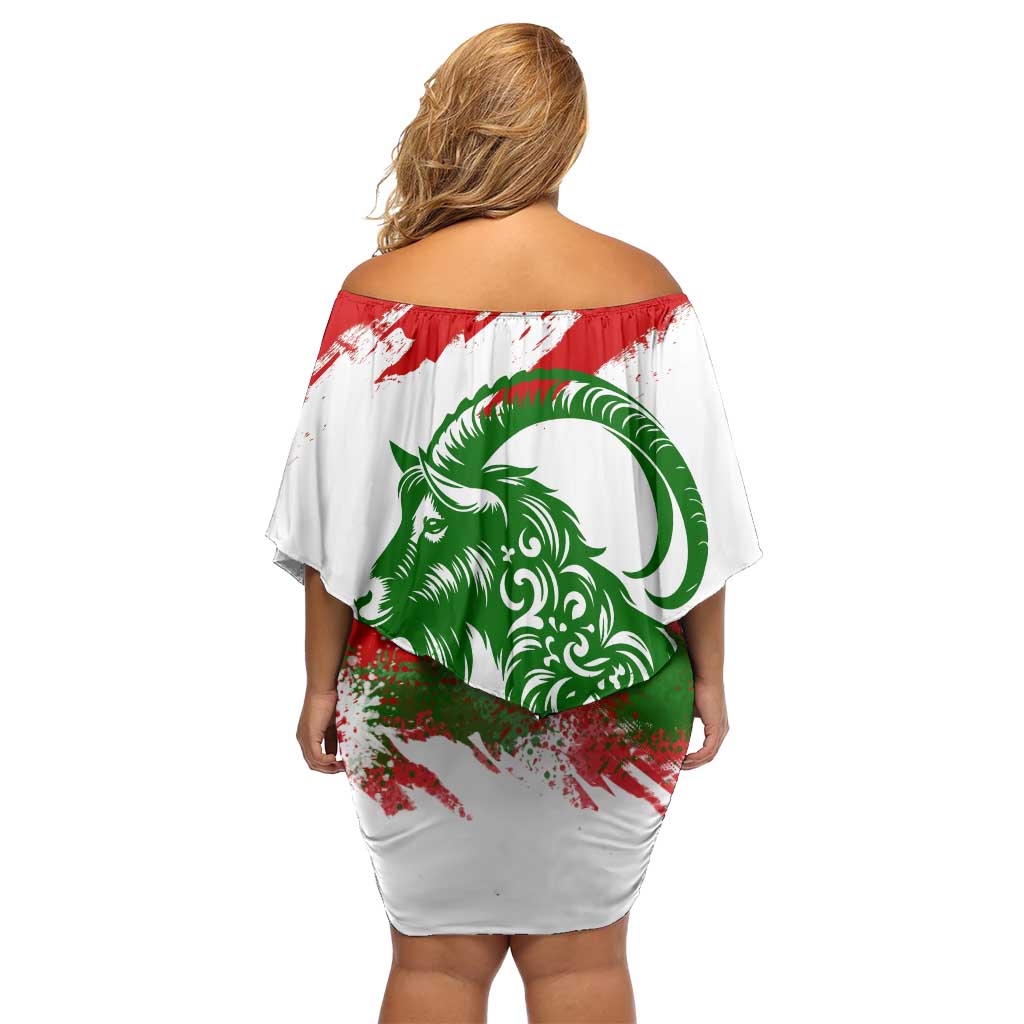 Tajikistan Family Matching Off Shoulder Short Dress and Hawaiian Shirt Markhor with Red Green White Brushstroke Flag with Mountain Goat Design