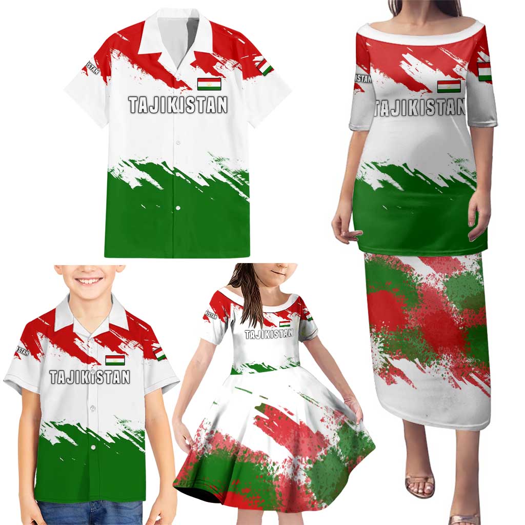 Tajikistan Family Matching Puletasi and Hawaiian Shirt Markhor with Red Green White Brushstroke Flag with Mountain Goat Design