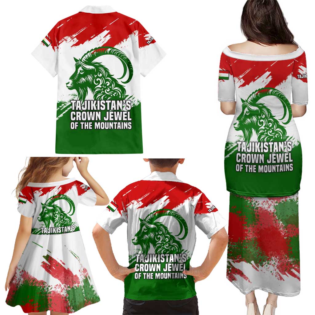 Tajikistan Family Matching Puletasi and Hawaiian Shirt Markhor with Red Green White Brushstroke Flag with Mountain Goat Design