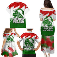 Tajikistan Family Matching Puletasi and Hawaiian Shirt Markhor with Red Green White Brushstroke Flag with Mountain Goat Design