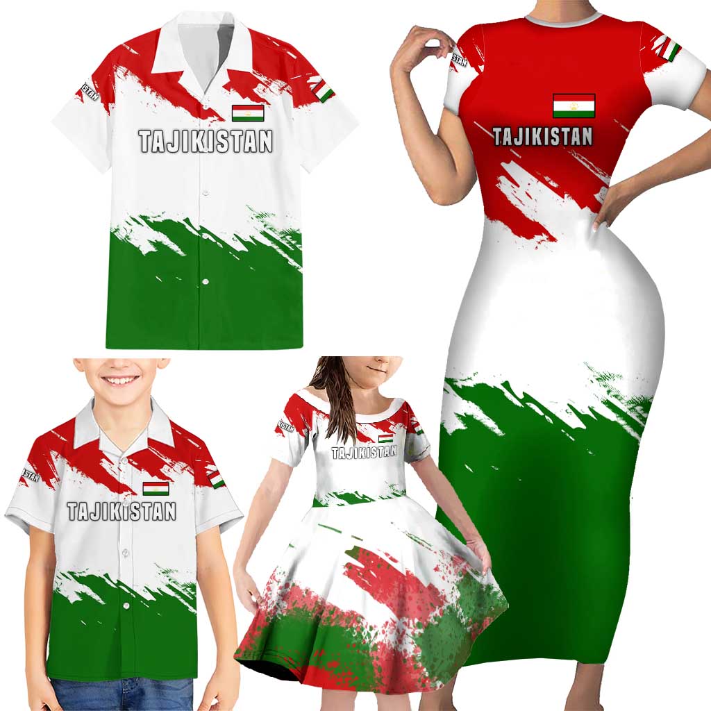 Tajikistan Family Matching Short Sleeve Bodycon Dress and Hawaiian Shirt Markhor with Red Green White Brushstroke Flag with Mountain Goat Design
