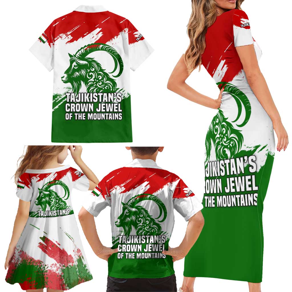 Tajikistan Family Matching Short Sleeve Bodycon Dress and Hawaiian Shirt Markhor with Red Green White Brushstroke Flag with Mountain Goat Design