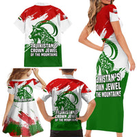 Tajikistan Family Matching Short Sleeve Bodycon Dress and Hawaiian Shirt Markhor with Red Green White Brushstroke Flag with Mountain Goat Design