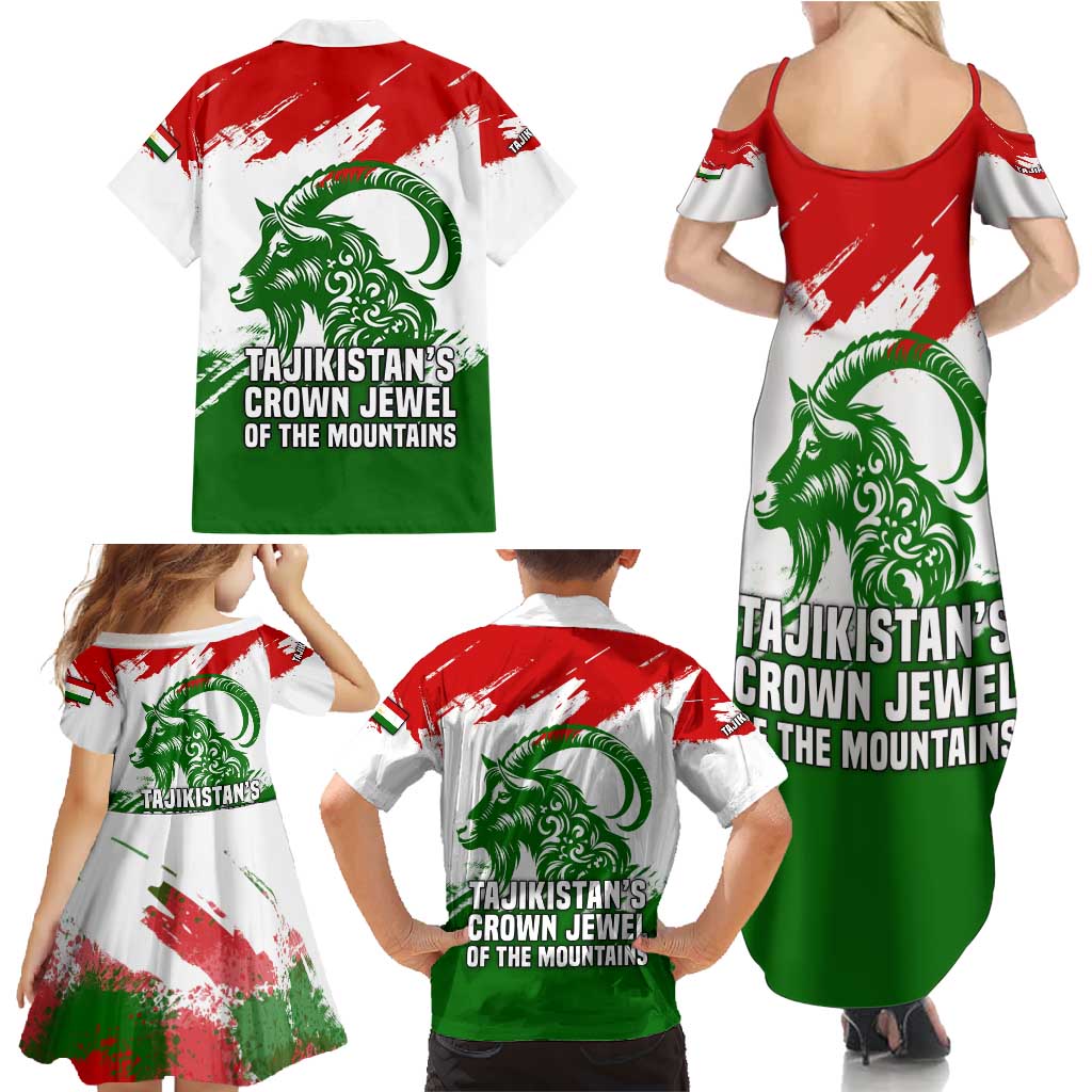 Tajikistan Family Matching Summer Maxi Dress and Hawaiian Shirt Markhor with Red Green White Brushstroke Flag with Mountain Goat Design