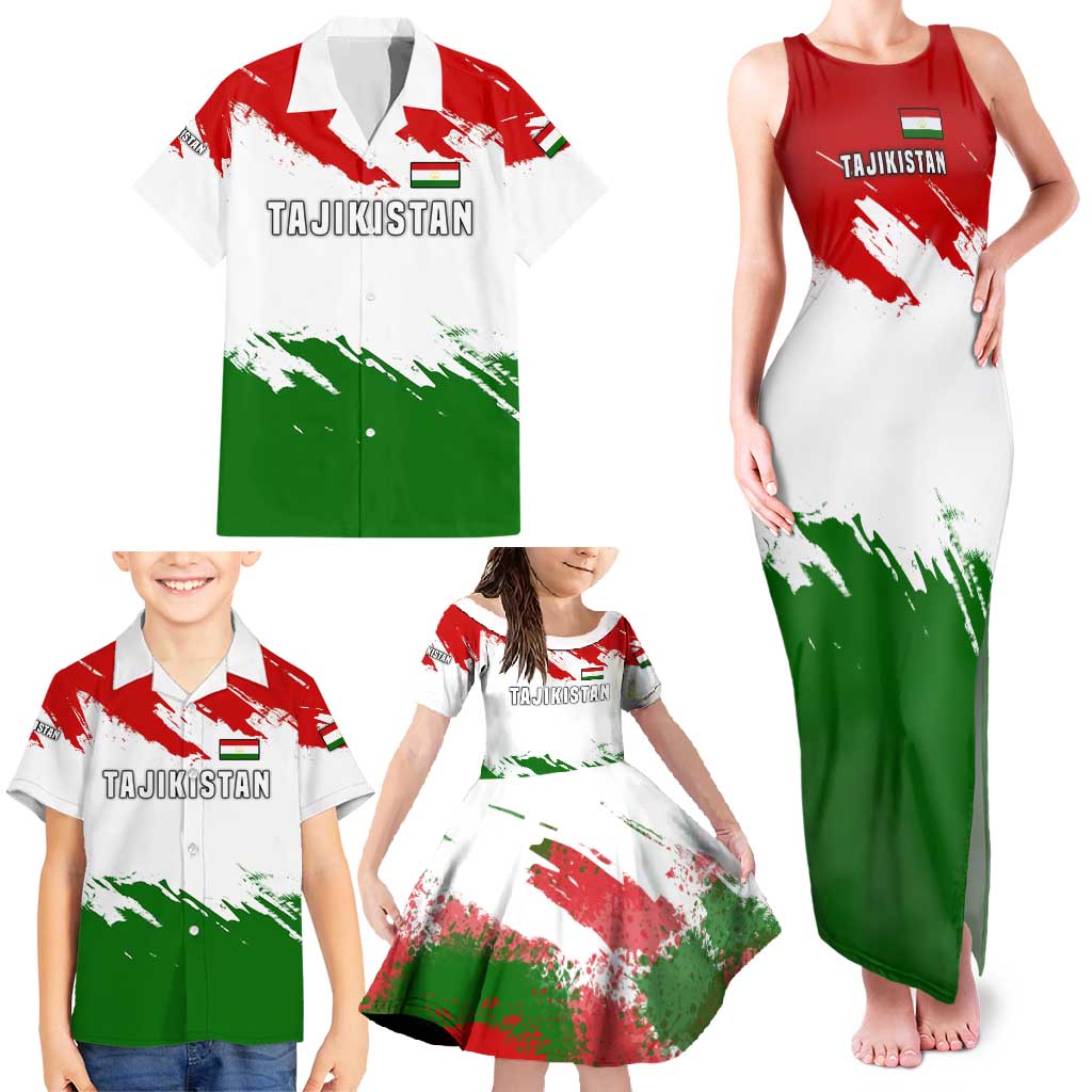 Tajikistan Family Matching Tank Maxi Dress and Hawaiian Shirt Markhor with Red Green White Brushstroke Flag with Mountain Goat Design