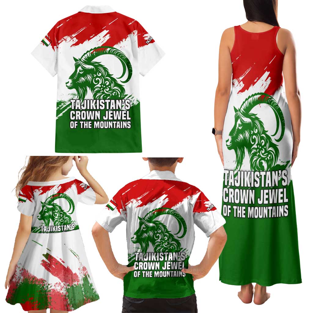 Tajikistan Family Matching Tank Maxi Dress and Hawaiian Shirt Markhor with Red Green White Brushstroke Flag with Mountain Goat Design