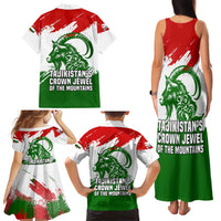 Tajikistan Family Matching Tank Maxi Dress and Hawaiian Shirt Markhor with Red Green White Brushstroke Flag with Mountain Goat Design