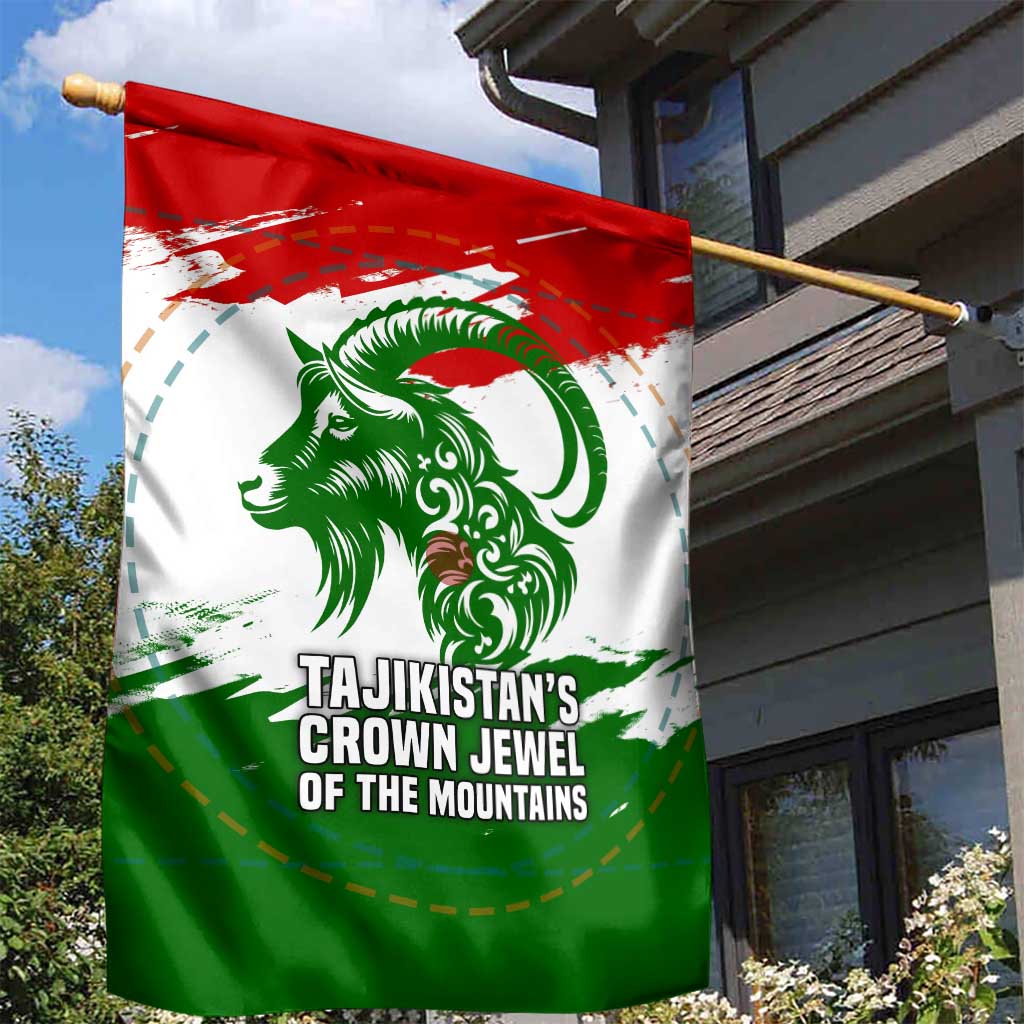 Tajikistan Garden Flag Markhor with Red Green White Brushstroke Flag with Mountain Goat Design