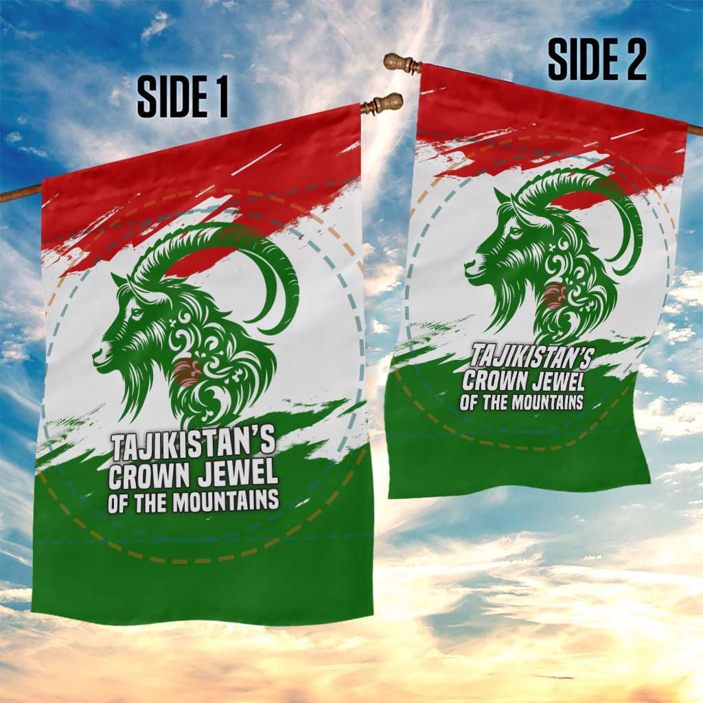 Tajikistan Garden Flag Markhor with Red Green White Brushstroke Flag with Mountain Goat Design