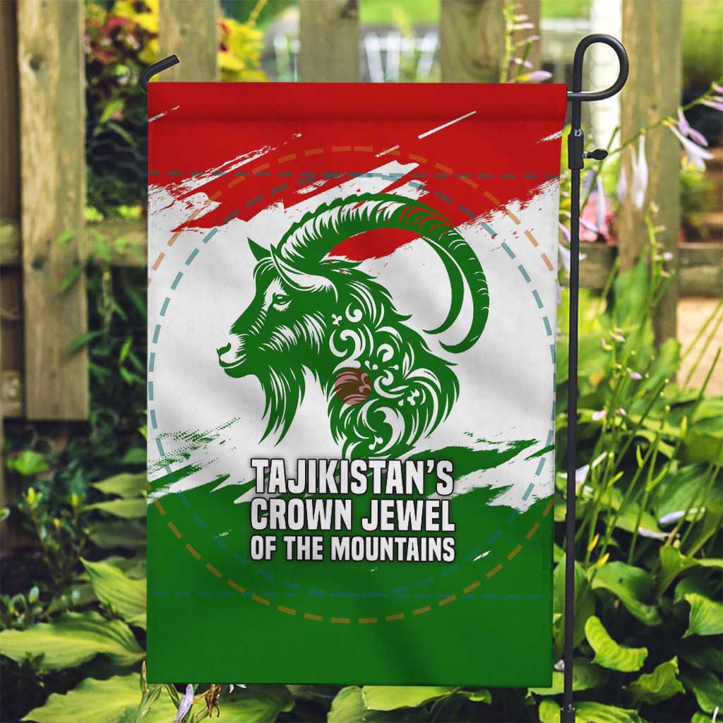 Tajikistan Garden Flag Markhor with Red Green White Brushstroke Flag with Mountain Goat Design