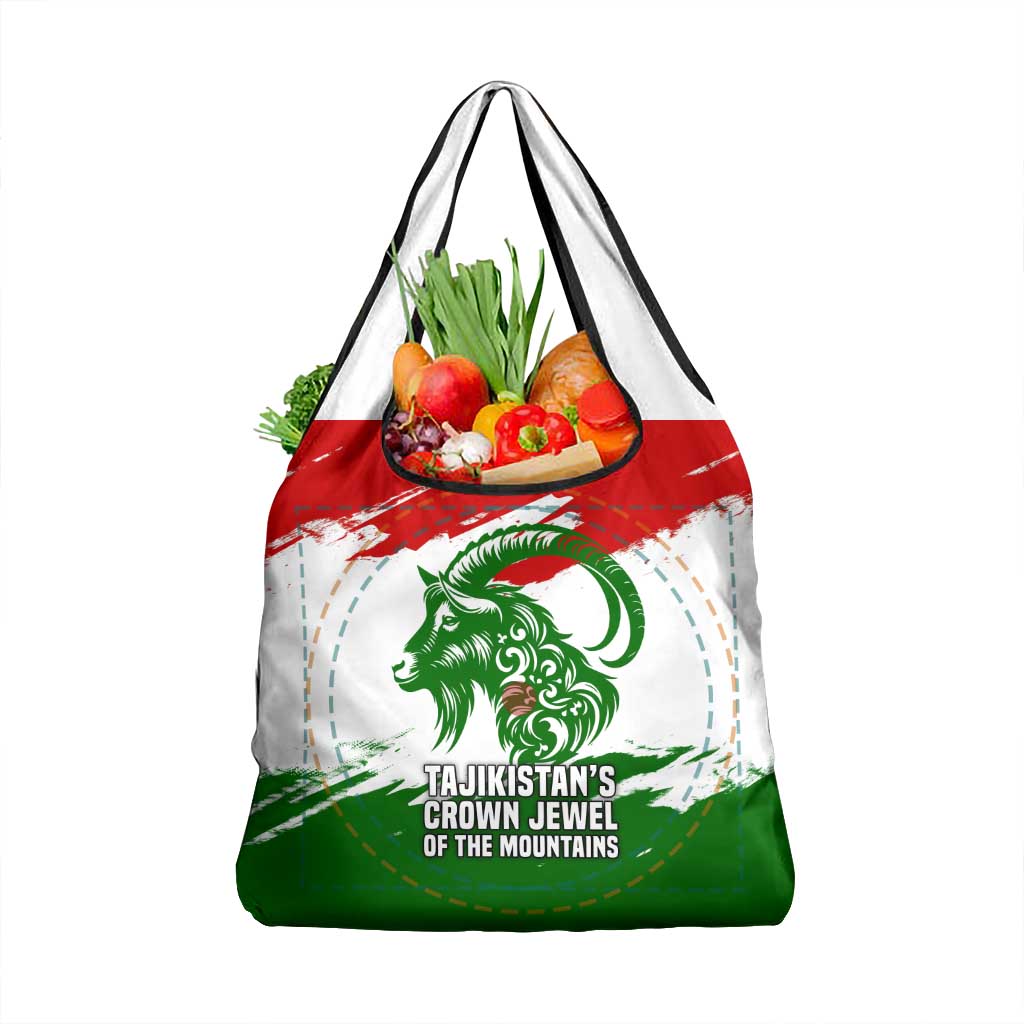 Tajikistan Grocery Bag Markhor with Red Green White Brushstroke Flag with Mountain Goat Design