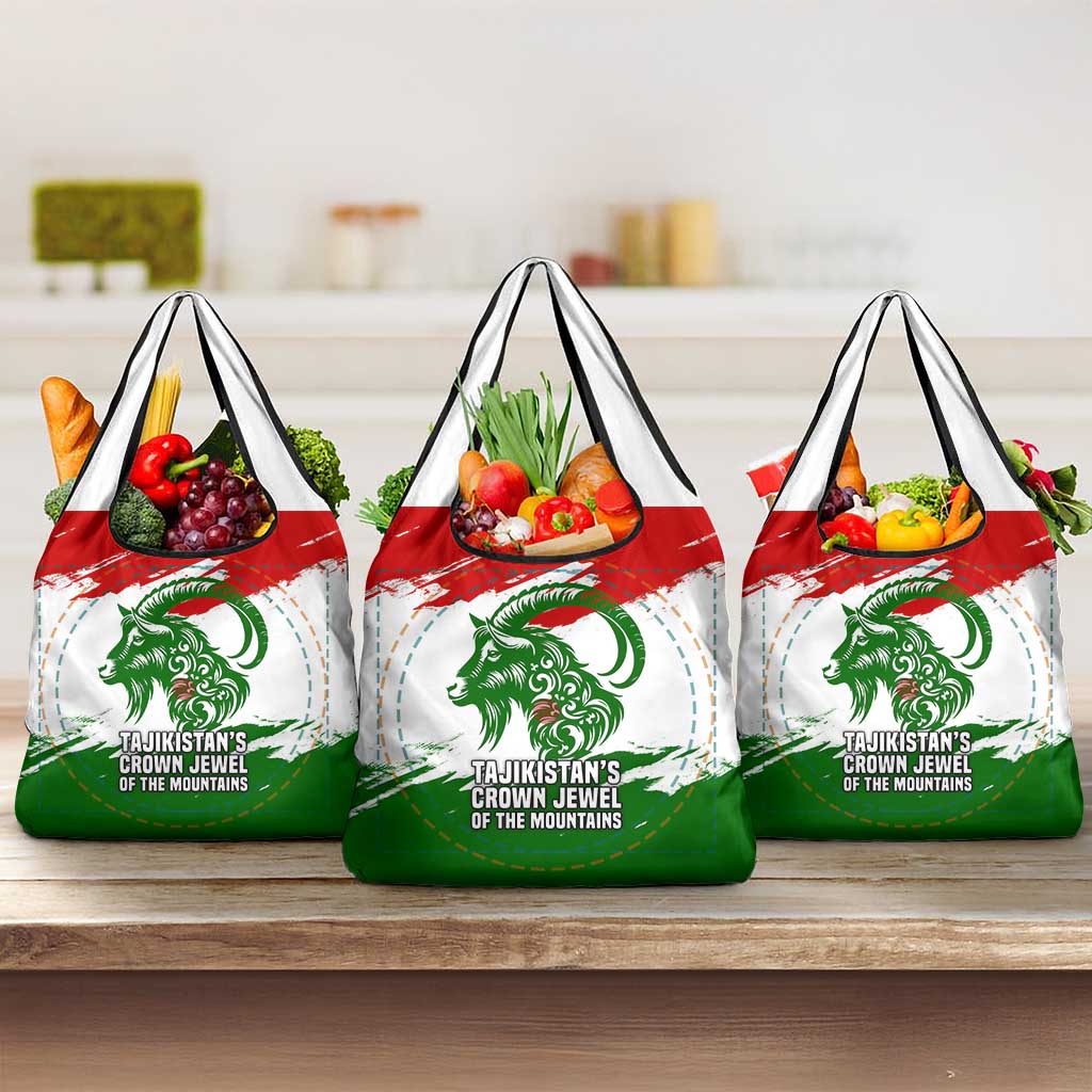 Tajikistan Grocery Bag Markhor with Red Green White Brushstroke Flag with Mountain Goat Design