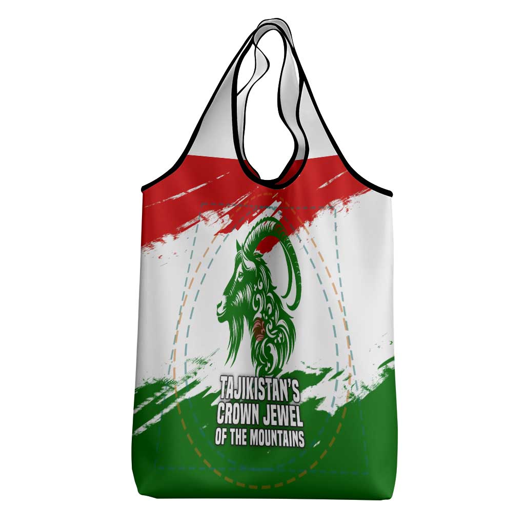 Tajikistan Grocery Bag Markhor with Red Green White Brushstroke Flag with Mountain Goat Design