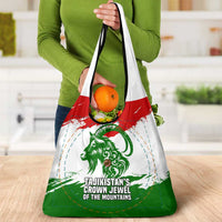 Tajikistan Grocery Bag Markhor with Red Green White Brushstroke Flag with Mountain Goat Design