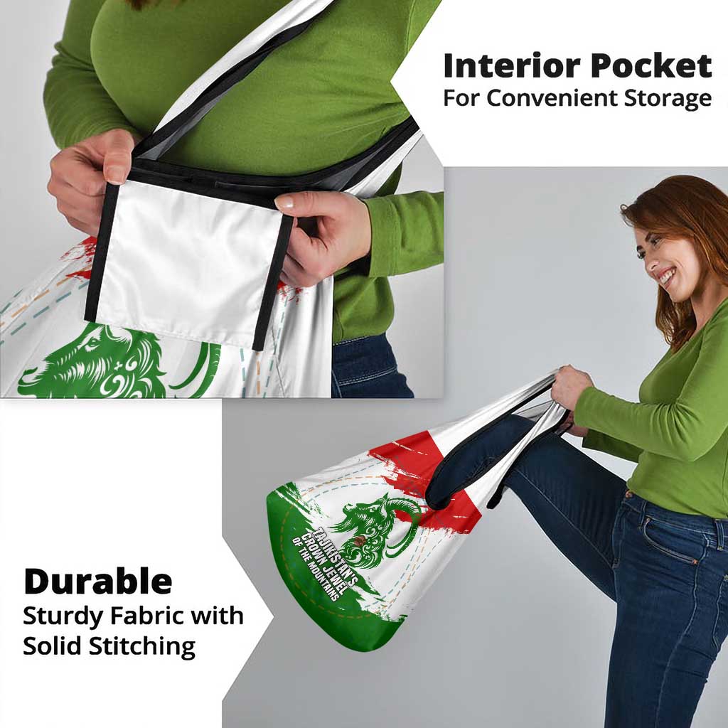 Tajikistan Grocery Bag Markhor with Red Green White Brushstroke Flag with Mountain Goat Design
