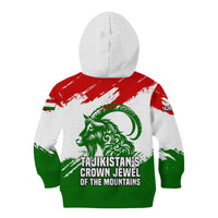 Tajikistan Kid Hoodie Markhor with Red Green White Brushstroke Flag with Mountain Goat Design