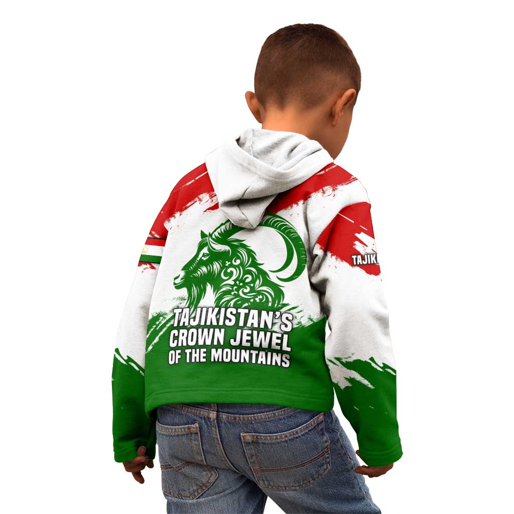 Tajikistan Kid Hoodie Markhor with Red Green White Brushstroke Flag with Mountain Goat Design