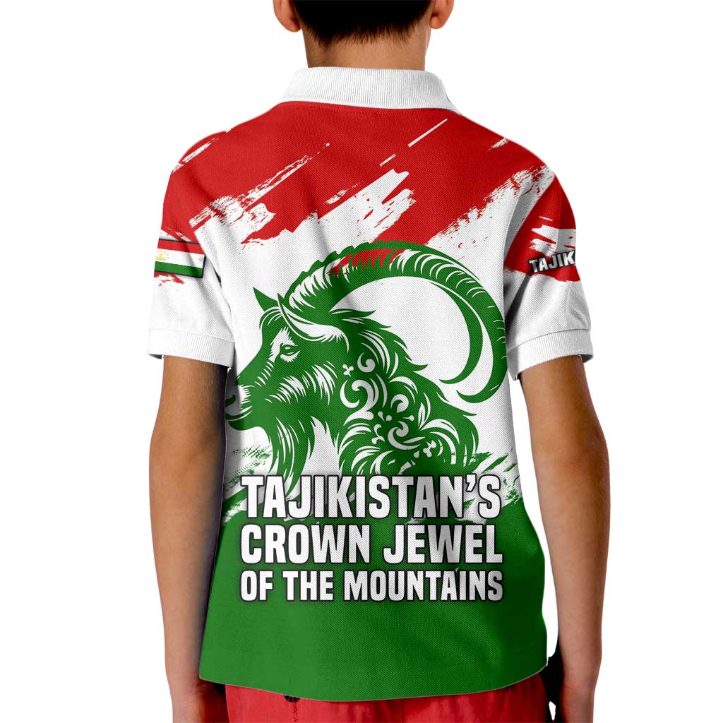 Tajikistan Kid Polo Shirt Markhor with Red Green White Brushstroke Flag with Mountain Goat Design