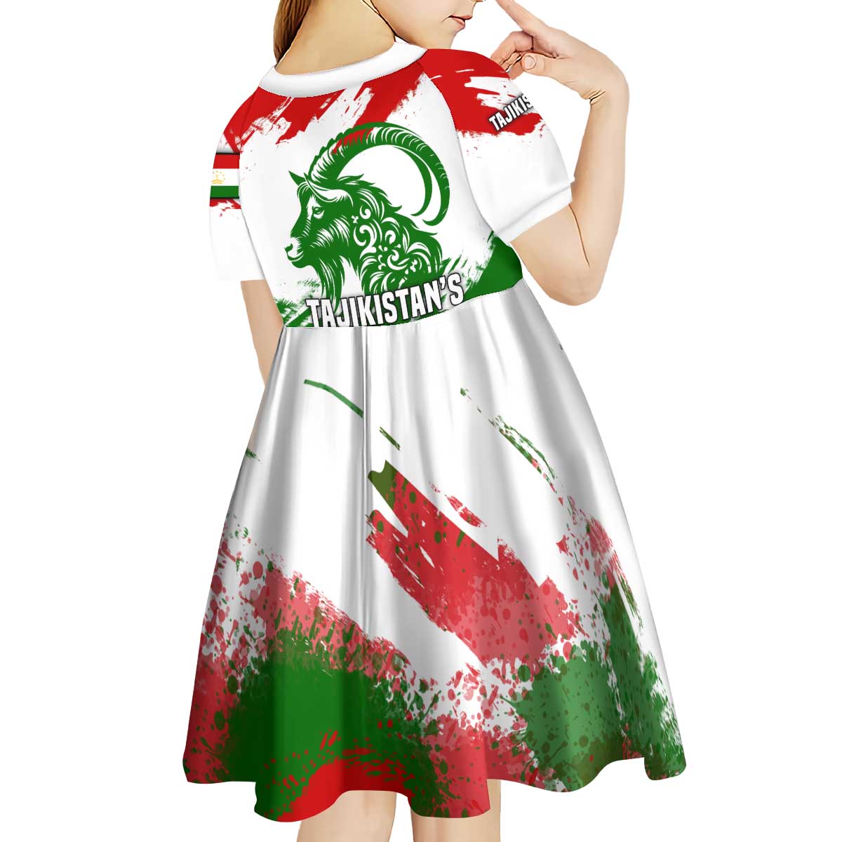 Tajikistan Kid Short Sleeve Dress Markhor with Red Green White Brushstroke Flag with Mountain Goat Design