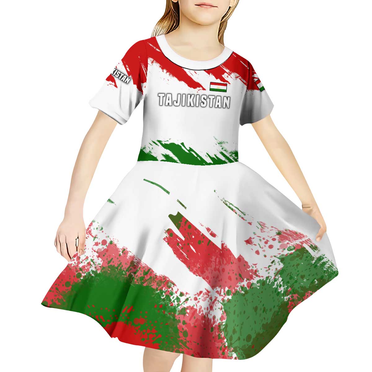 Tajikistan Kid Short Sleeve Dress Markhor with Red Green White Brushstroke Flag with Mountain Goat Design