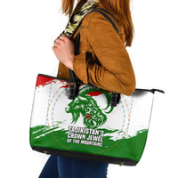 Tajikistan Leather Tote Bag Markhor with Red Green White Brushstroke Flag with Mountain Goat Design