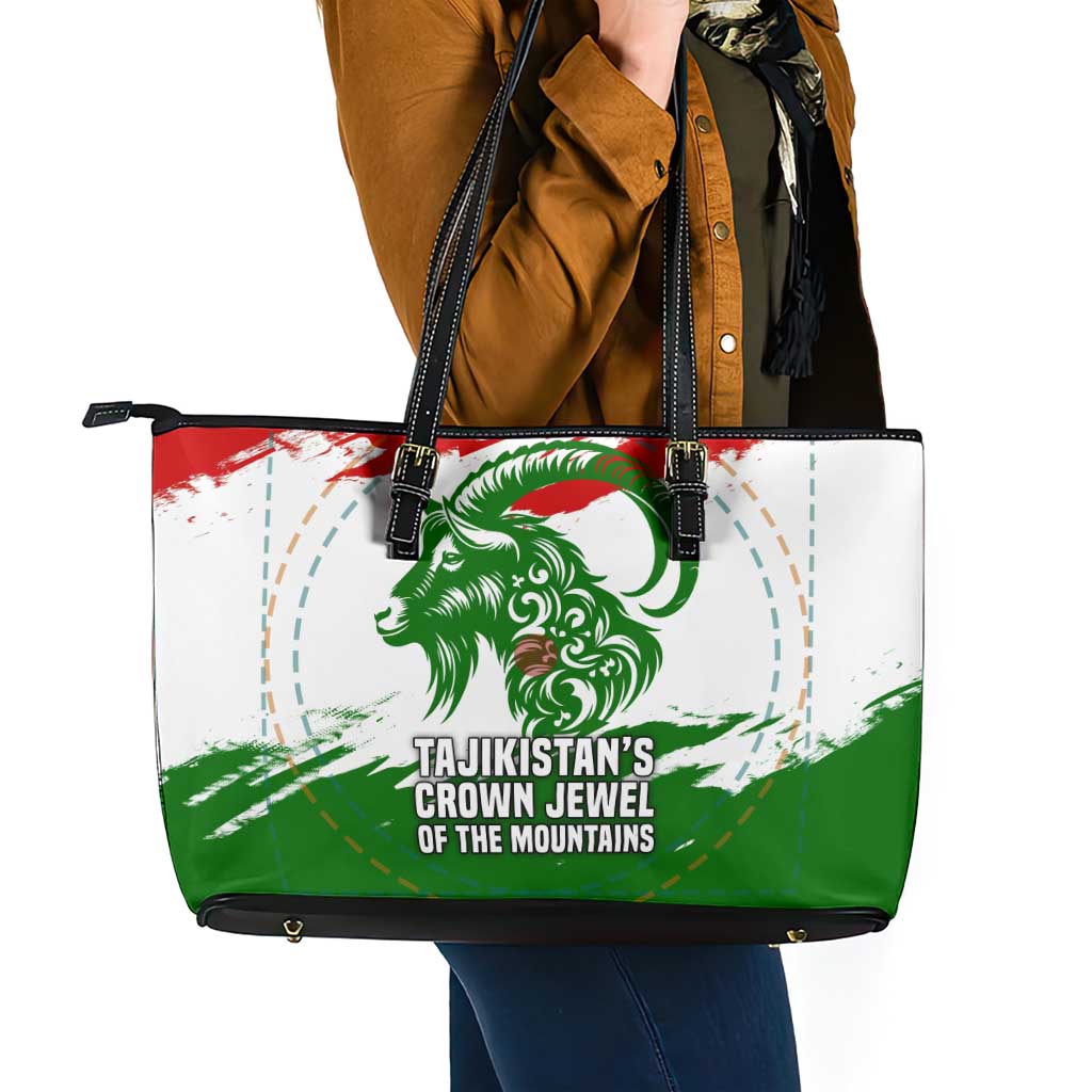 Tajikistan Leather Tote Bag Markhor with Red Green White Brushstroke Flag with Mountain Goat Design
