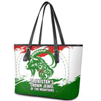 Tajikistan Leather Tote Bag Markhor with Red Green White Brushstroke Flag with Mountain Goat Design