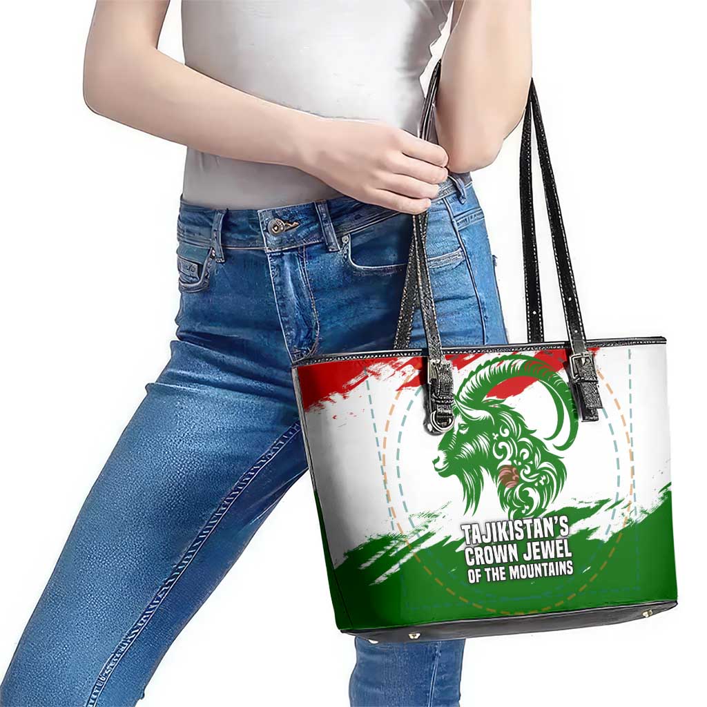 Tajikistan Leather Tote Bag Markhor with Red Green White Brushstroke Flag with Mountain Goat Design
