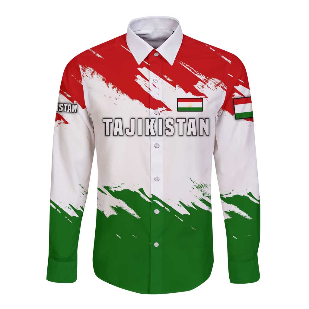 Tajikistan Long Sleeve Button Shirt Markhor with Red Green White Brushstroke Flag with Mountain Goat Design