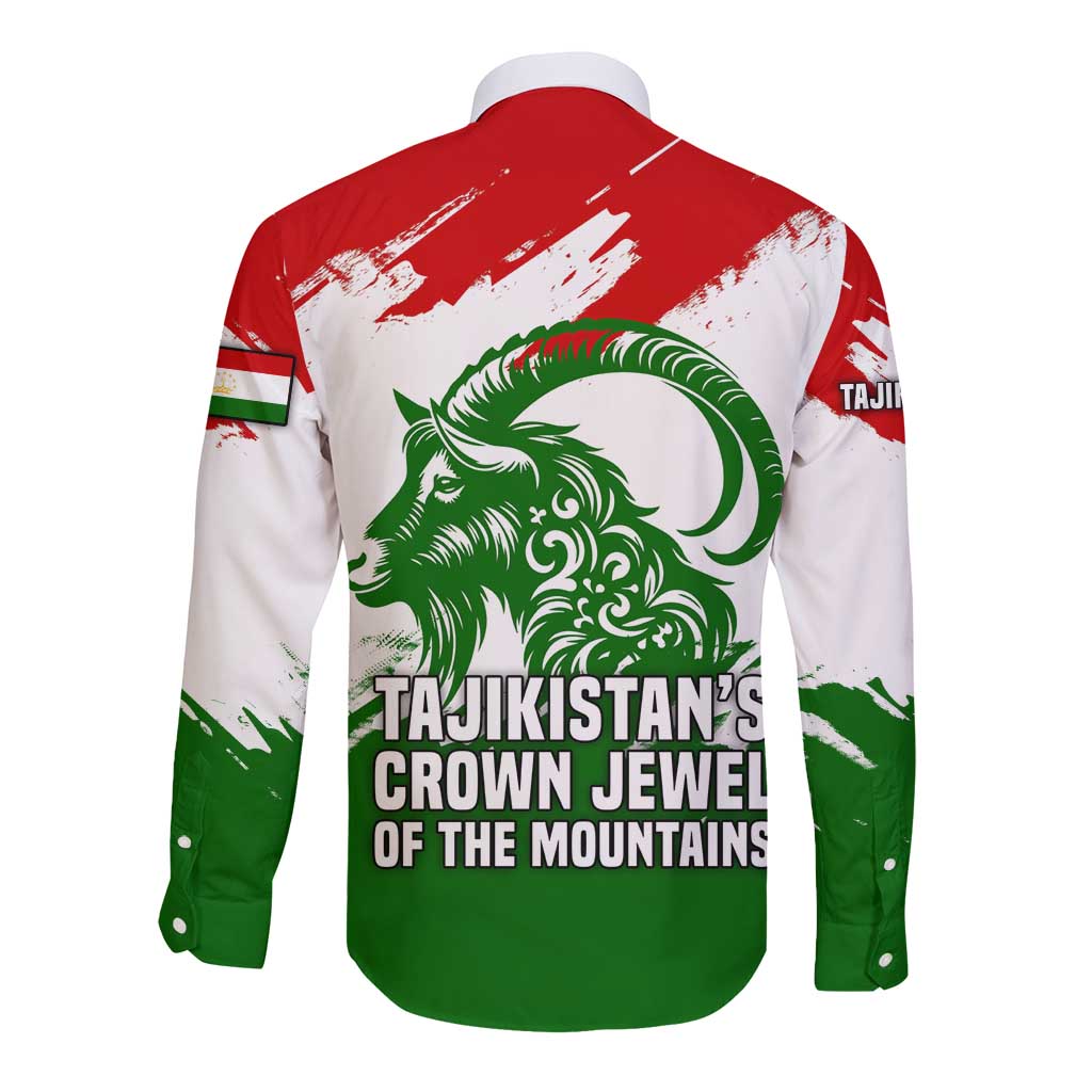 Tajikistan Long Sleeve Button Shirt Markhor with Red Green White Brushstroke Flag with Mountain Goat Design