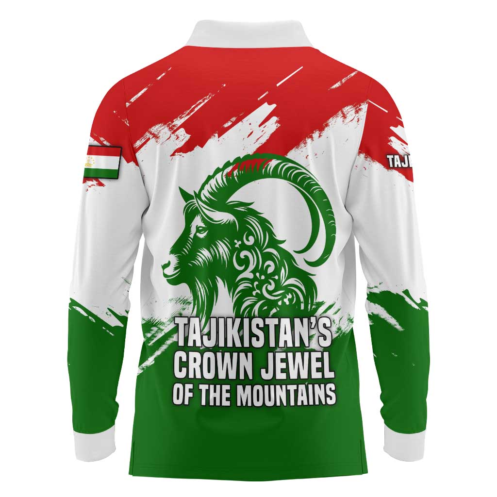 Tajikistan Long Sleeve Polo Shirt Markhor with Red Green White Brushstroke Flag with Mountain Goat Design