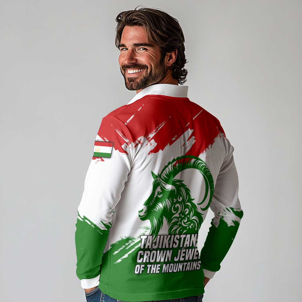 Tajikistan Long Sleeve Polo Shirt Markhor with Red Green White Brushstroke Flag with Mountain Goat Design