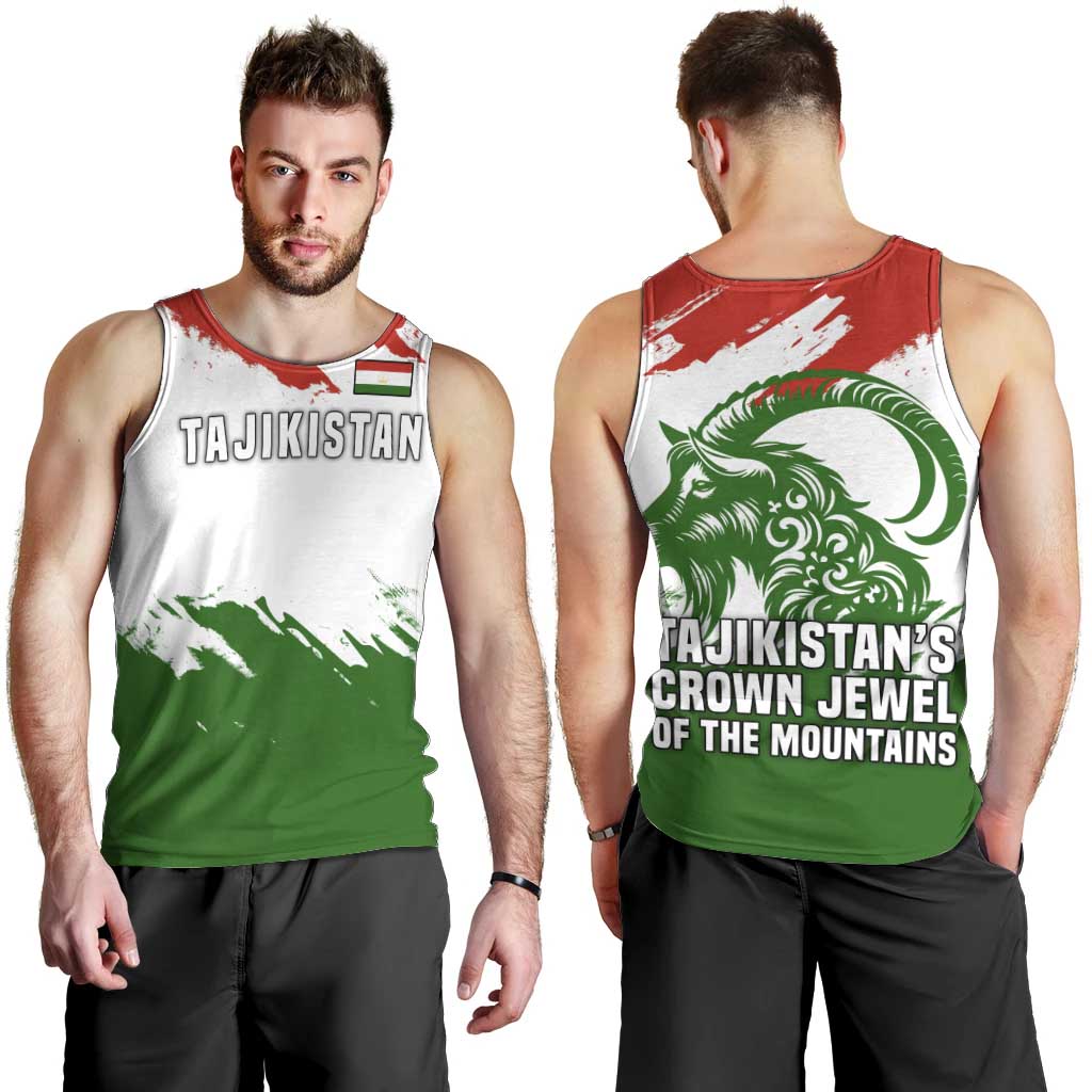 Tajikistan Men Tank Top Markhor with Red Green White Brushstroke Flag with Mountain Goat Design