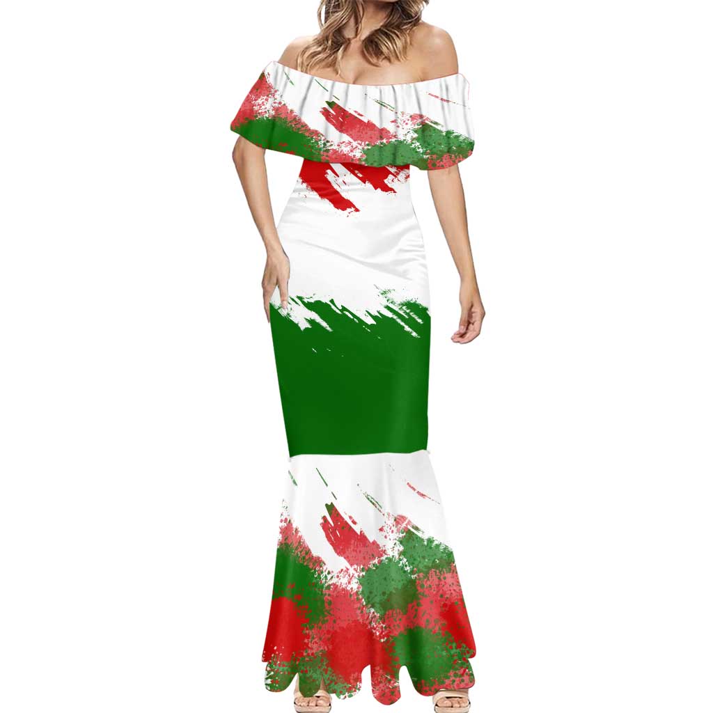 Tajikistan Mermaid Dress Markhor with Red Green White Brushstroke Flag with Mountain Goat Design