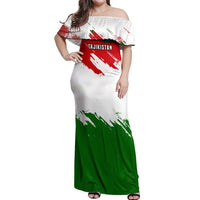 Tajikistan Off Shoulder Maxi Dress Markhor with Red Green White Brushstroke Flag with Mountain Goat Design