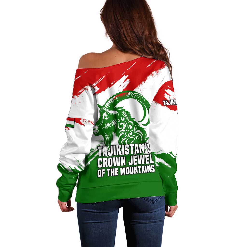 Tajikistan Off Shoulder Sweater Markhor with Red Green White Brushstroke Flag with Mountain Goat Design