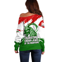 Tajikistan Off Shoulder Sweater Markhor with Red Green White Brushstroke Flag with Mountain Goat Design