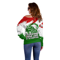 Tajikistan Off Shoulder Sweater Markhor with Red Green White Brushstroke Flag with Mountain Goat Design