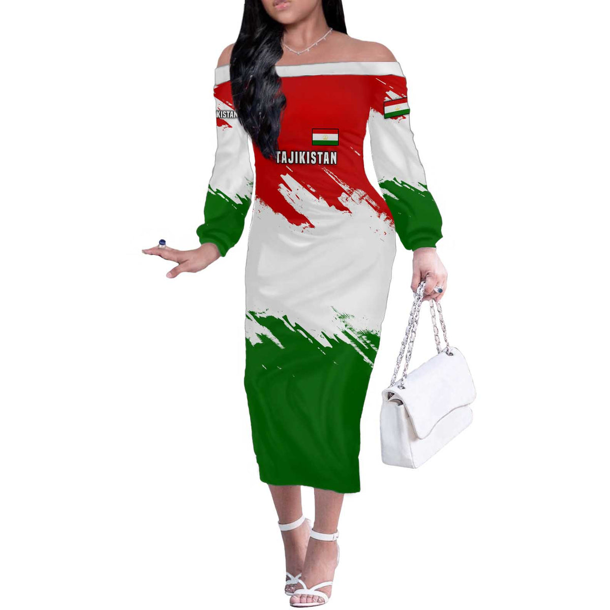 Tajikistan Off The Shoulder Long Sleeve Dress Markhor with Red Green White Brushstroke Flag with Mountain Goat Design
