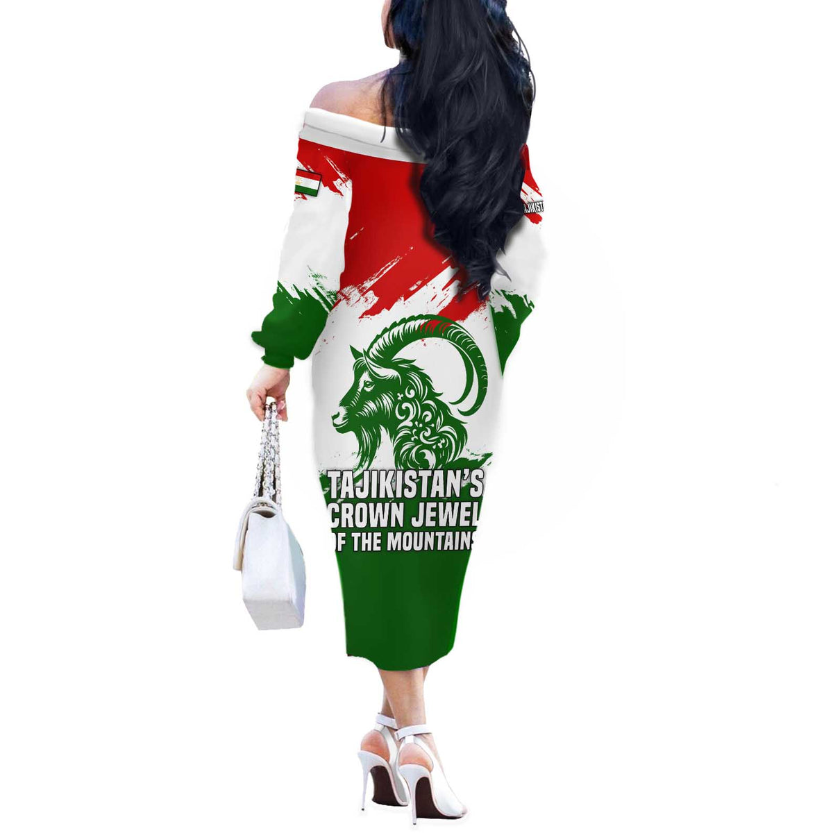 Tajikistan Off The Shoulder Long Sleeve Dress Markhor with Red Green White Brushstroke Flag with Mountain Goat Design