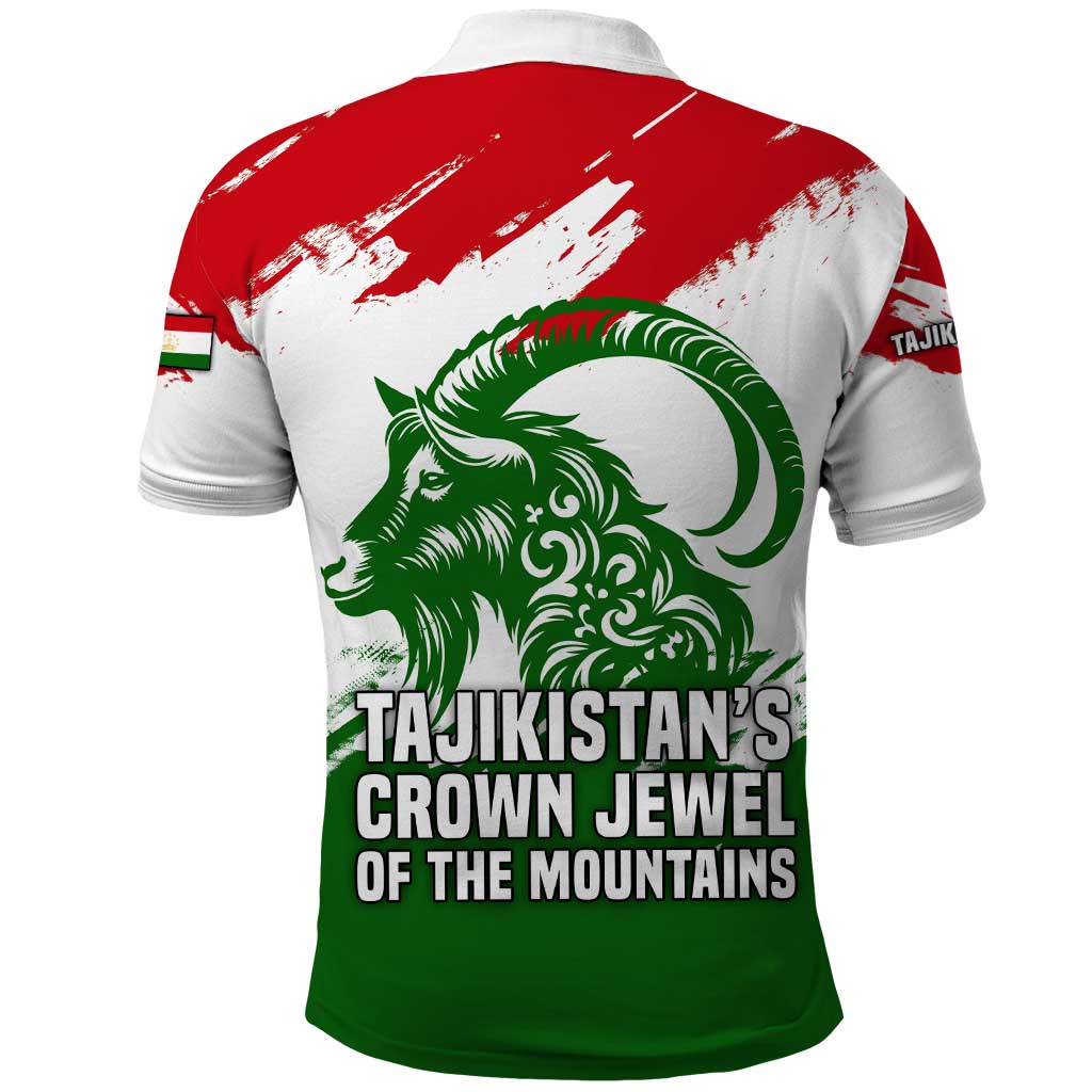 Tajikistan Polo Shirt Markhor with Red Green White Brushstroke Flag with Mountain Goat Design