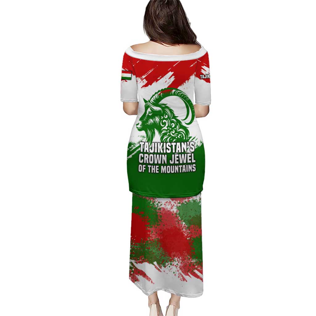 Tajikistan Puletasi Markhor with Red Green White Brushstroke Flag with Mountain Goat Design