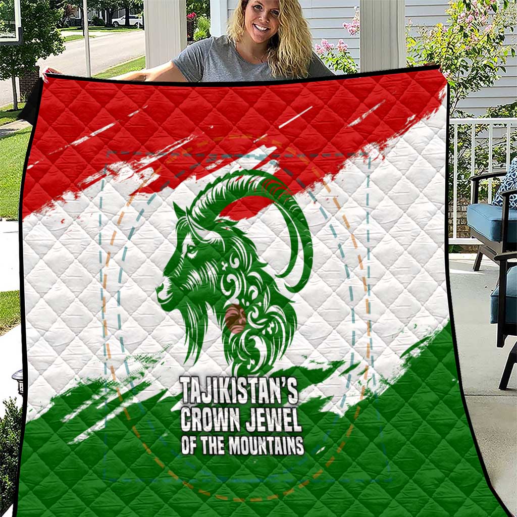 Tajikistan Quilt Markhor with Red Green White Brushstroke Flag with Mountain Goat Design