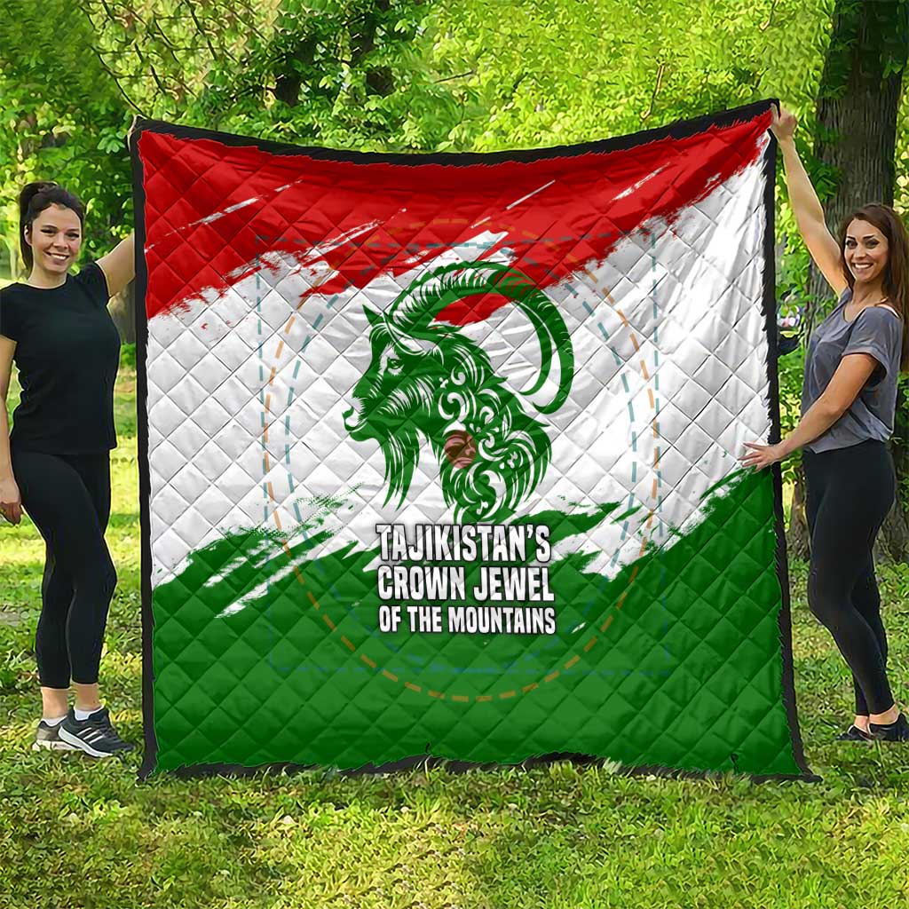 Tajikistan Quilt Markhor with Red Green White Brushstroke Flag with Mountain Goat Design