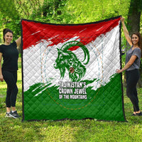 Tajikistan Quilt Markhor with Red Green White Brushstroke Flag with Mountain Goat Design
