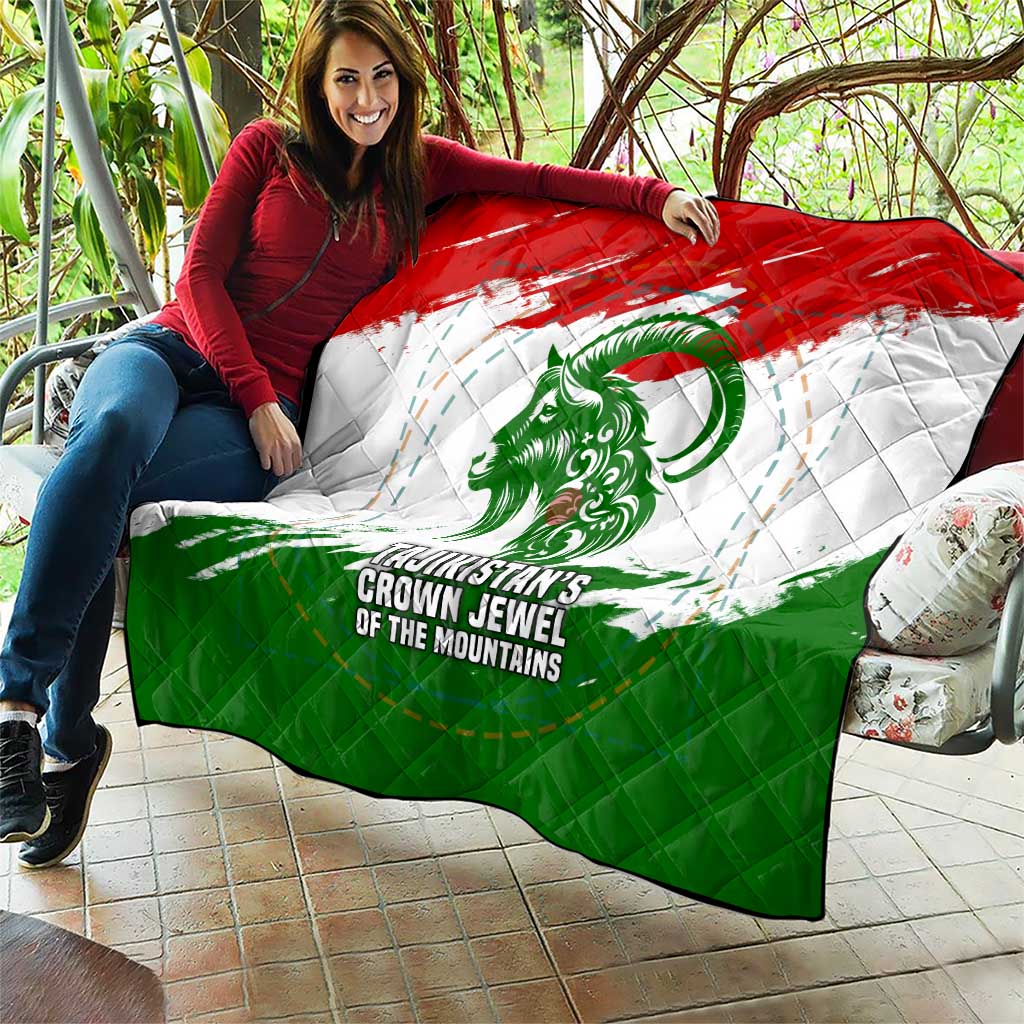 Tajikistan Quilt Markhor with Red Green White Brushstroke Flag with Mountain Goat Design