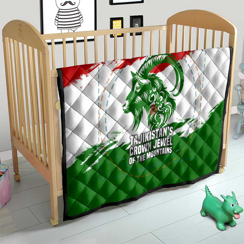 Tajikistan Quilt Markhor with Red Green White Brushstroke Flag with Mountain Goat Design